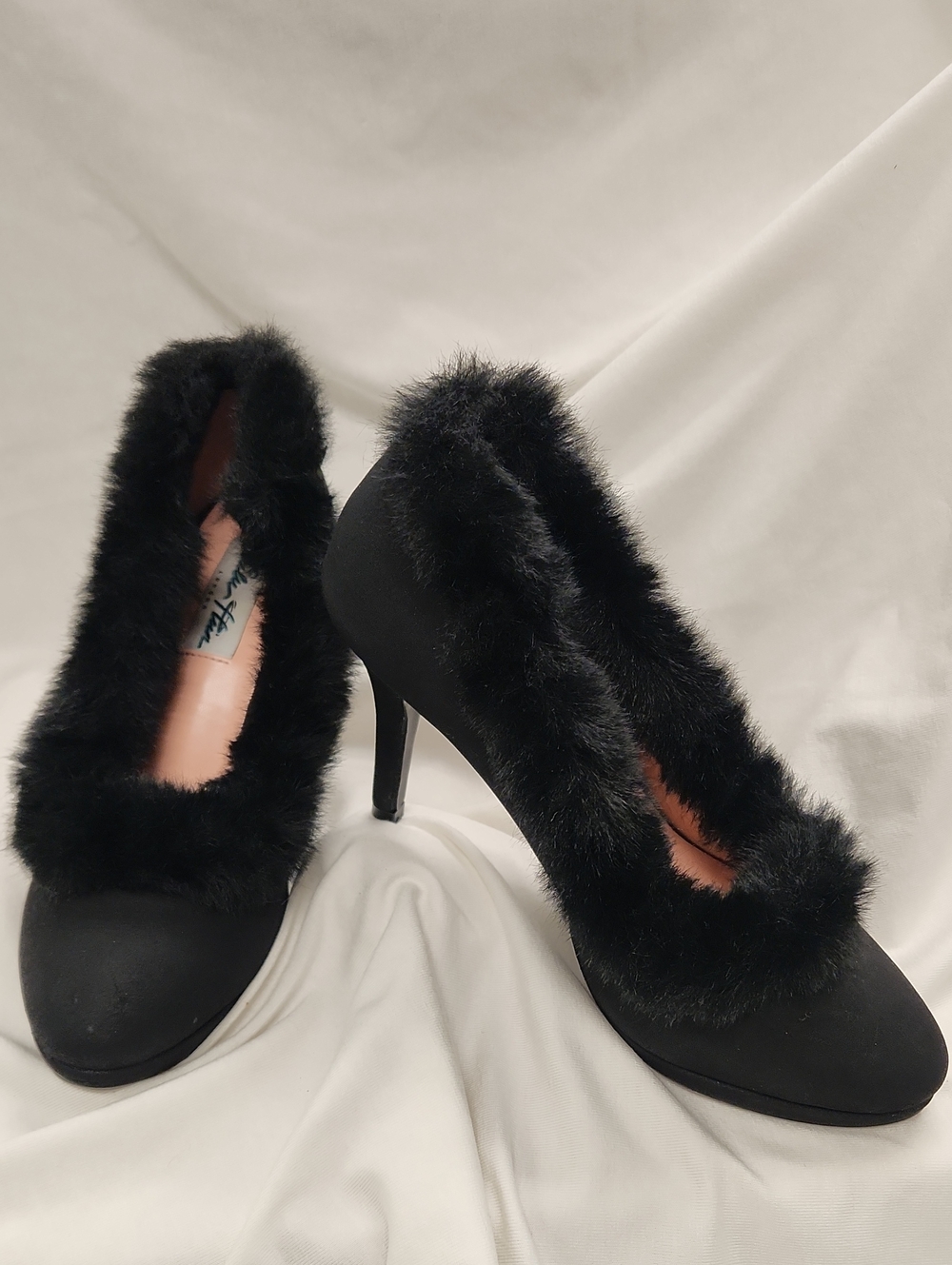 🕸lulu Hun Black Faux Fur Trim High Heel Pumps Sz 7